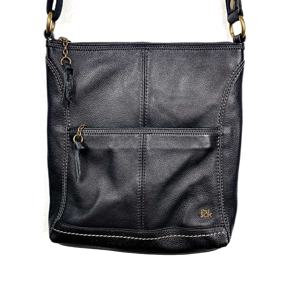 The Sak ‘Iris’ Leather Black Crossbody Bag Purse, Woven Adjustable Strap